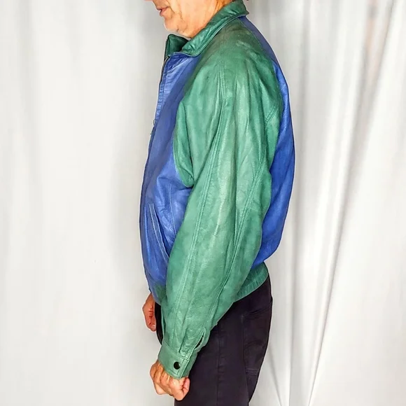 80s color block leather vintage bomber jacket - Picture 2 of 7